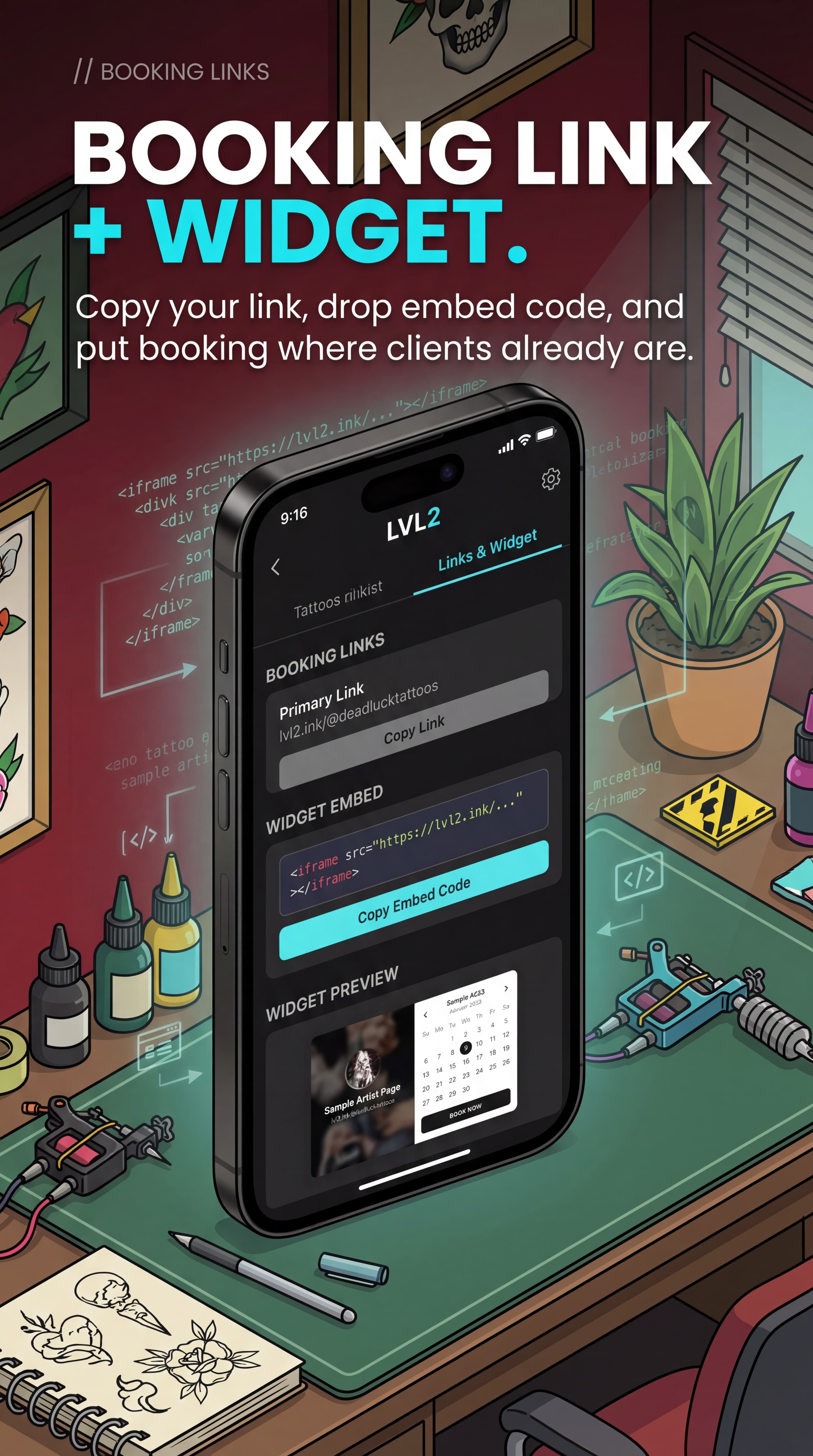 LVL2 booking widget app-store style illustration