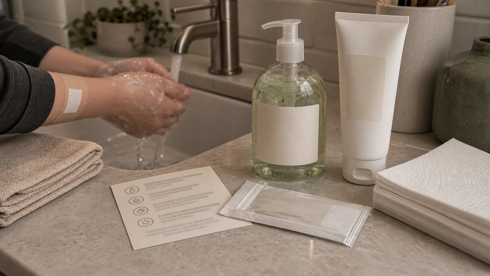 First tattoo aftercare supplies with unscented soap, lotion, paper towels, and a blurred aftercare card