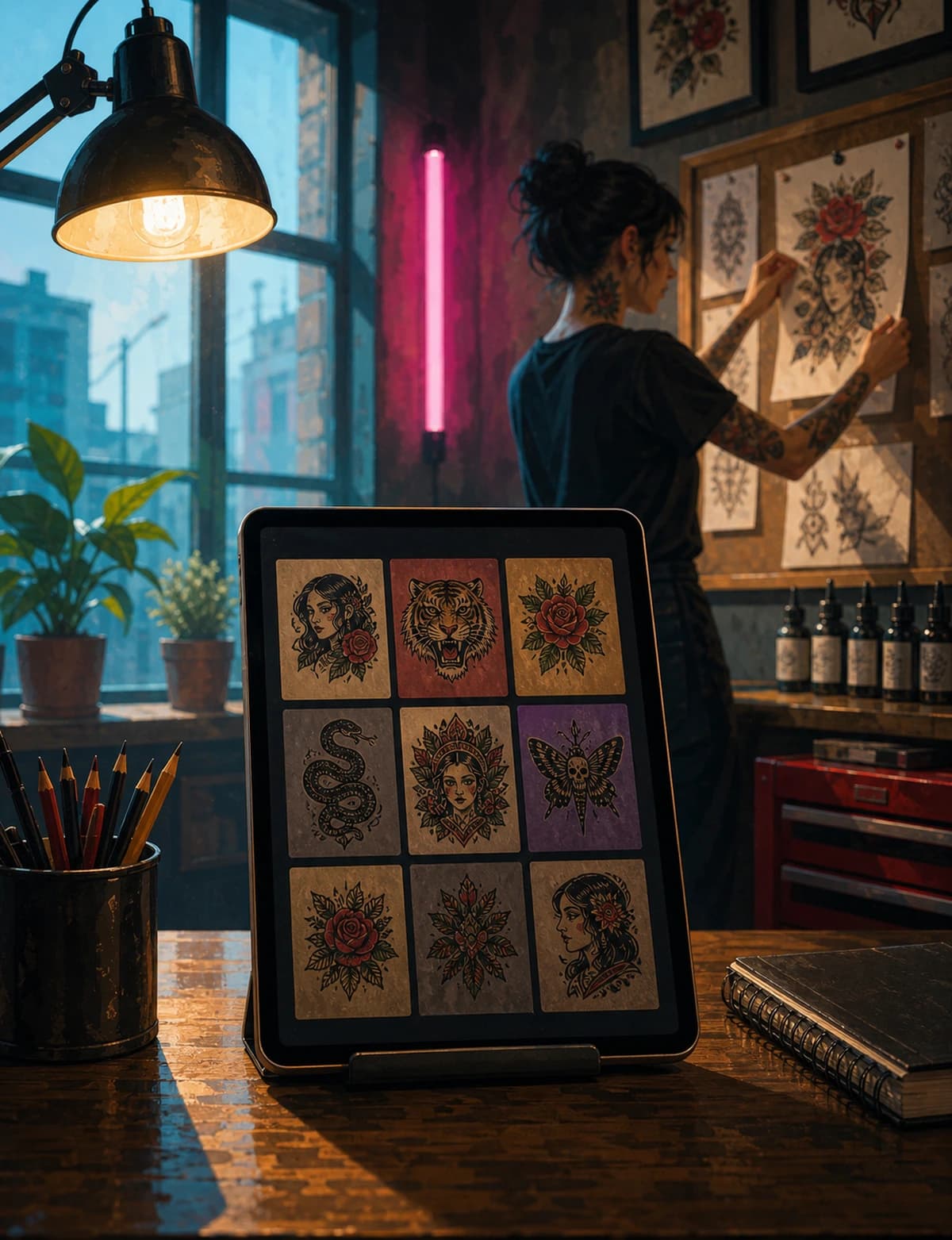 A gallery wall of framed tattoo flash sheets in different styles