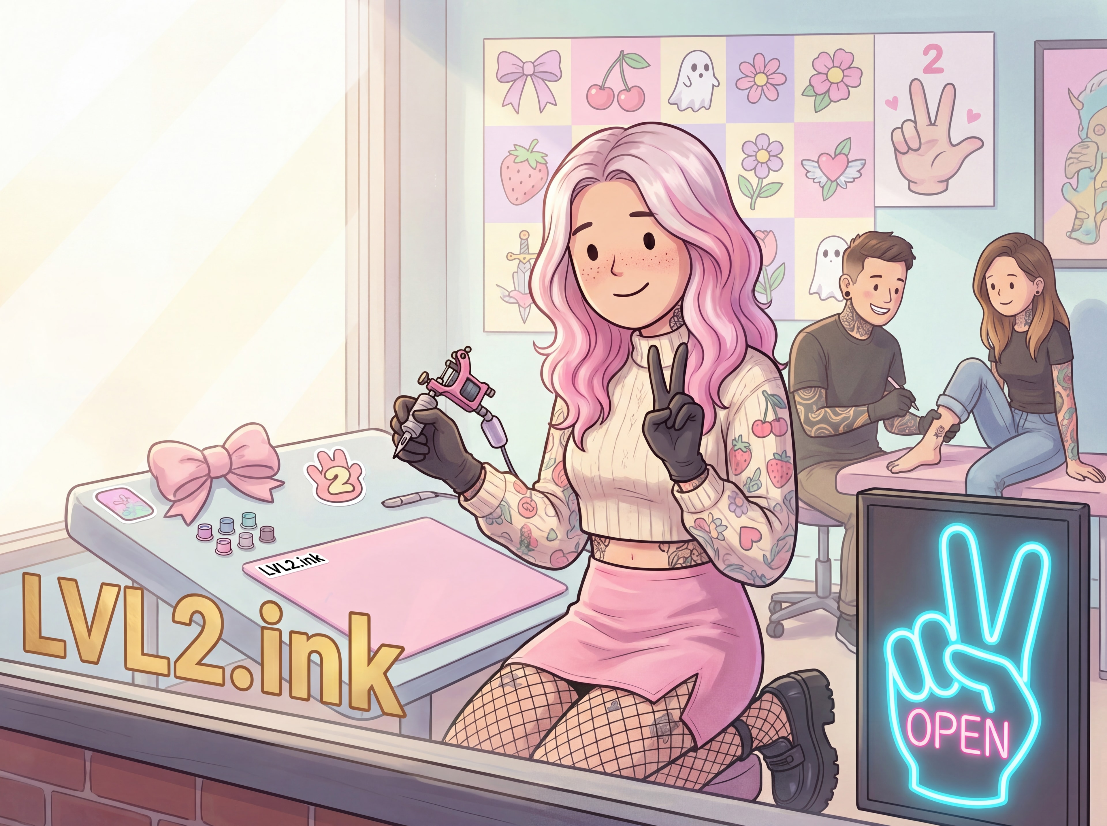 Bright tattoo studio scene with playful flash and client-friendly energy